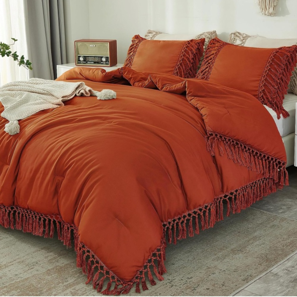 King size comforter set 3 pieces boho bohemian fringe tassel burnt orange queen